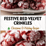 Stack of red velvet crinkle cookies made from cake mix coated in powdered sugar on a holiday plate.
